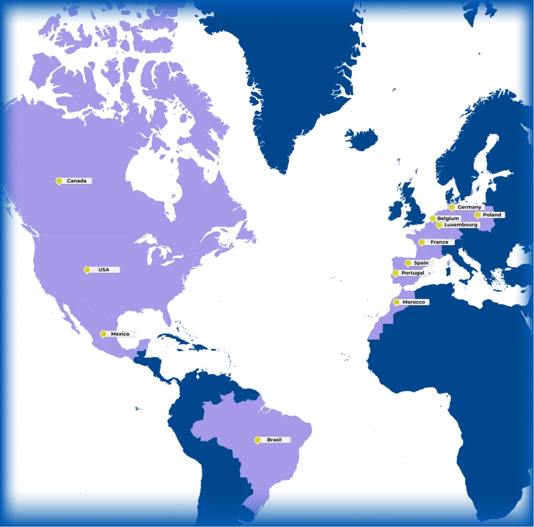 Mapa mundial com destaque para os países onde a act digital está presente