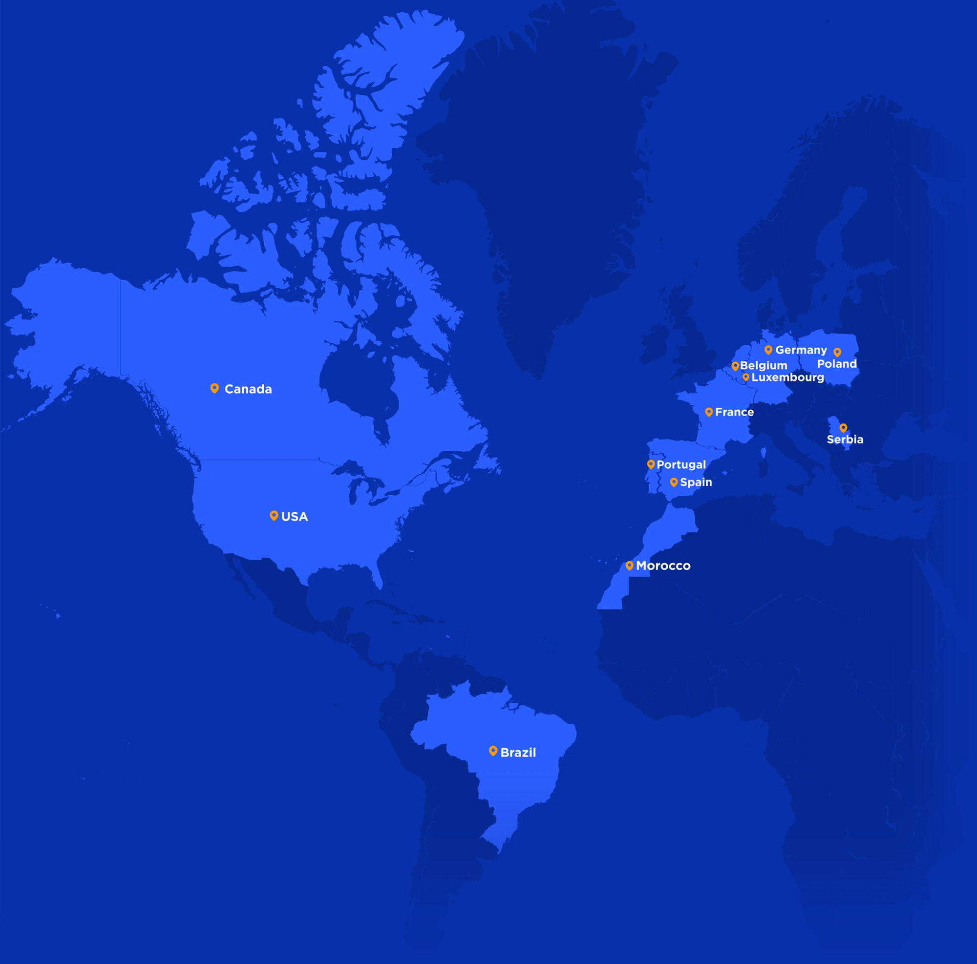 Mapa mundial com destaque para os países onde a Alter Solutions está presente
