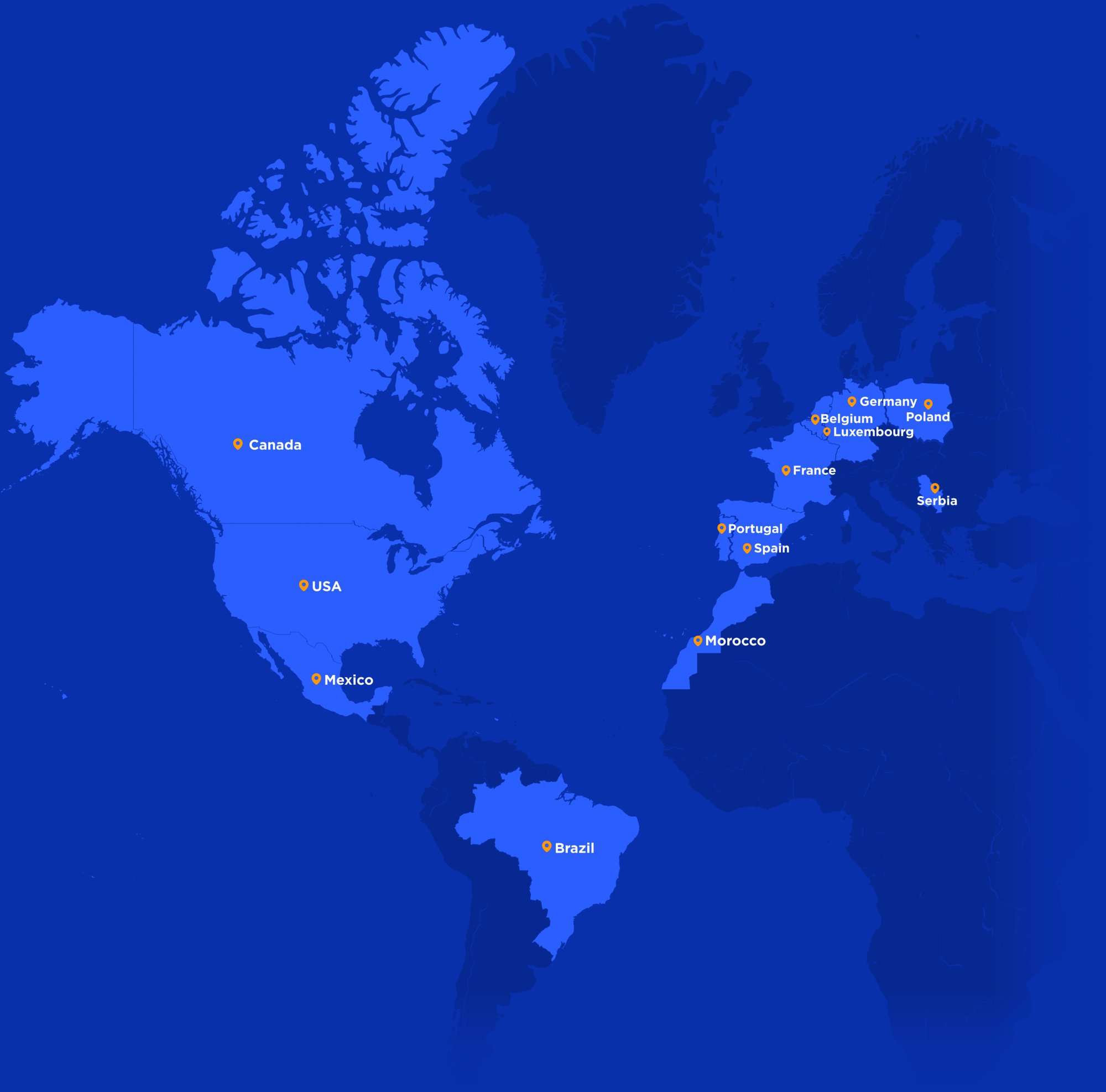 Mapa mundial com destaque para os países onde a Alter Solutions está presente